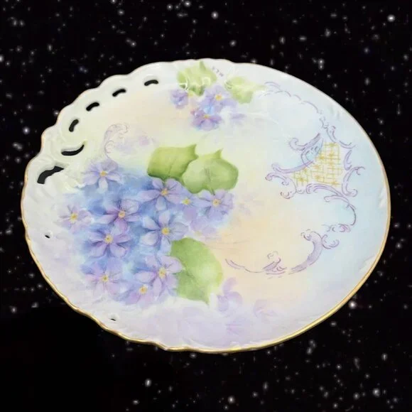 Antique Hand Painted Plate Dish Fine Porcelain Painted Purple Flowers Signed MLN Accents